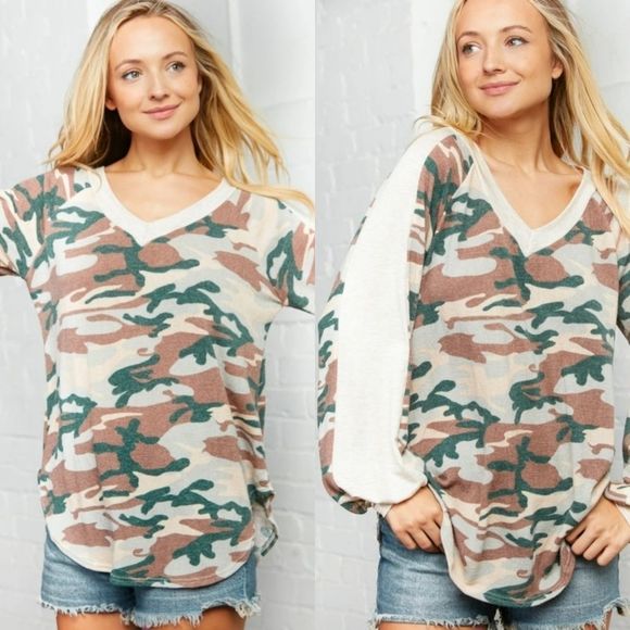 Cream And Green Camouflage Top - Picture 1 of 4